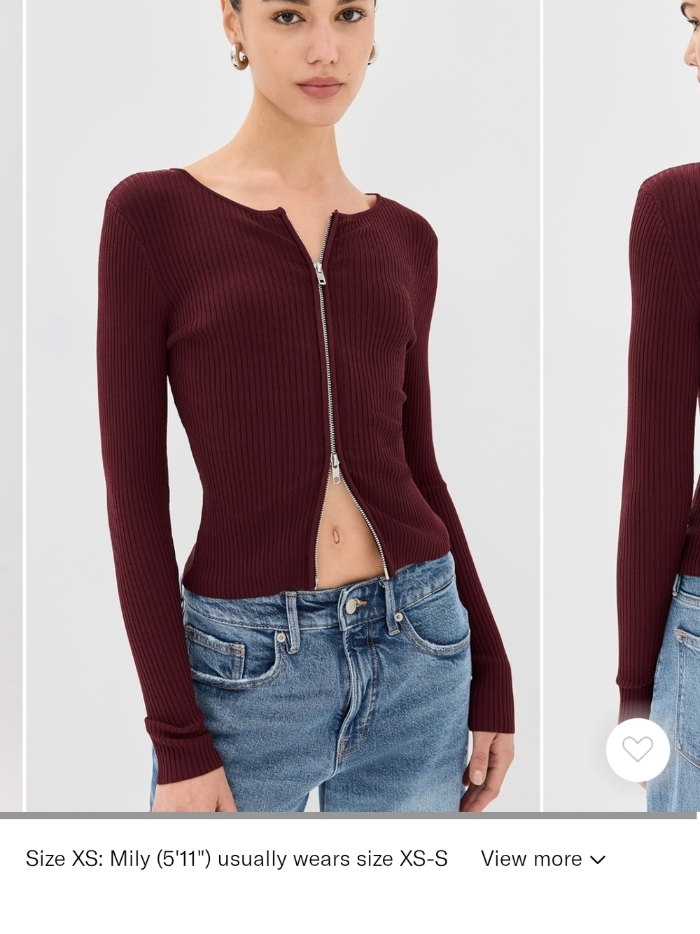 Good American Virgo Rib Zip Cardigan in a burgundy color.